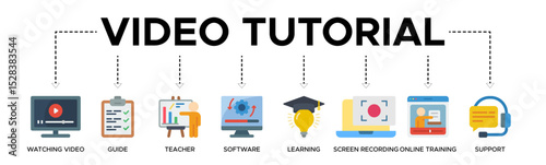 Video tutorial banner web icon vector illustration concept with icon of watching video, guide, teacher, software, learning, screen recording, online training, support