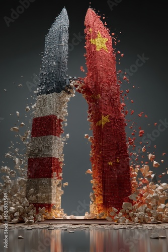 Two symbolic towers constructed from fragmented geometric blocks and national colors