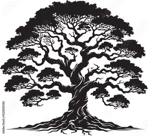 A majestic ancient tree silhouette, its gnarled roots and sprawling branches reaching towards the sky, creating a powerful and timeless image of nature's resilience and enduring presence.