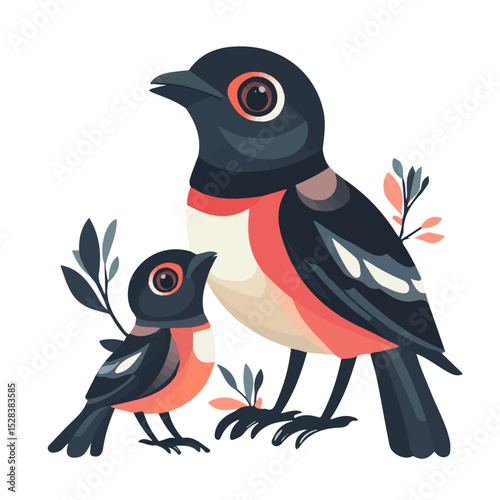 A Mother Trogon With Her Kid 2D flat vector illustration, isolated on a white background.