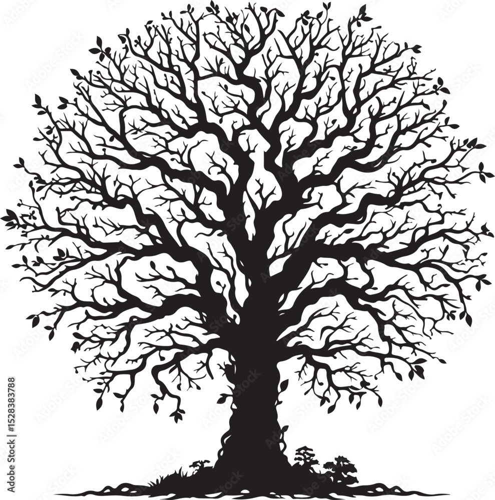 Obraz premium A majestic black silhouette of a large, sprawling tree with intricate branches and a thick trunk, set against a stark white background, evokes a sense of age, strength, and enduring presence.