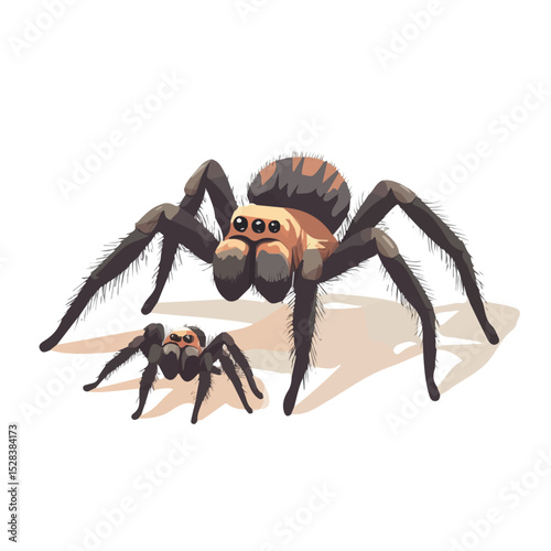 A Mother Tarantula With Her Kid 2D flat vector illustration, isolated on a white background.