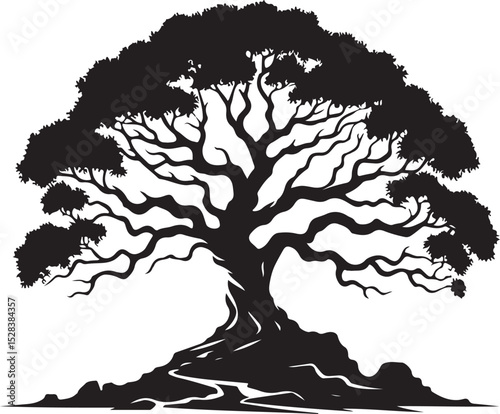A majestic, ancient oak tree stands tall and strong, its gnarled branches reaching towards the sky, a symbol of resilience and enduring nature, rooted firmly in the earth.