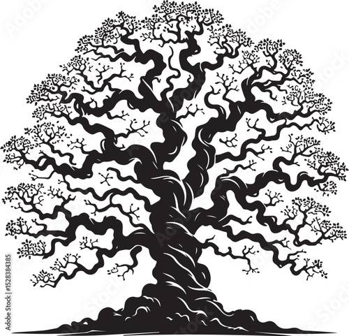 A majestic ancient oak tree, its gnarled branches reaching towards the sky, stands as a testament to time and nature's enduring beauty.