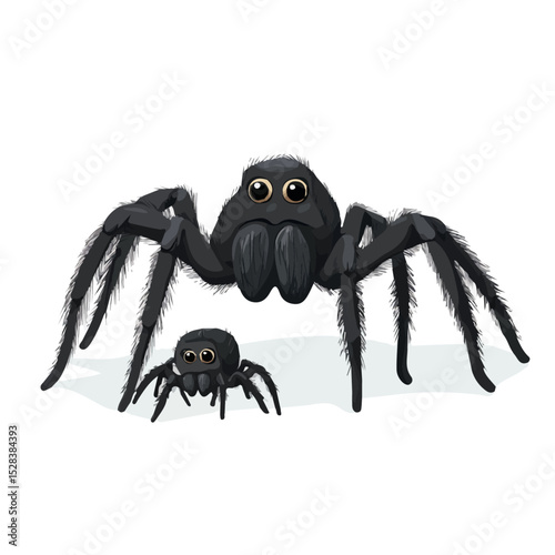 2D flat vector illustration of A Mother Tarantula With Her Kid, isolated on a white background.