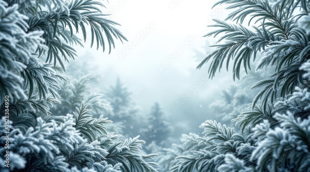 Obraz premium Serene Winter Wonderland: Frost-Covered Evergreen Branches Frame a Misty Forest Scene, Evoking Peace and Tranquility.