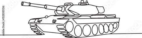 Continuous line drawing of a military tank in minimalist black and white single line art style, side profile with detailed turret and tracks

