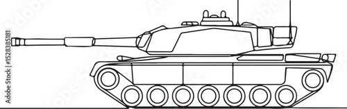 Continuous line drawing of a military tank in minimalist black and white single line art style, side profile with detailed turret and tracks

