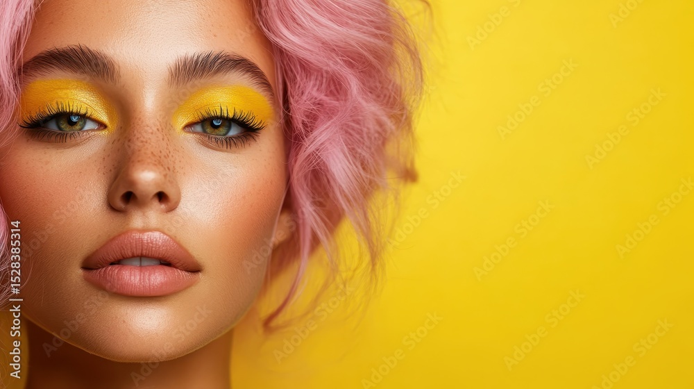 Fototapeta premium A stunning portrait of a woman with pink hair against a yellow backdrop radiates creativity and joy, highlighting personal expression and the beauty of bold choices in fashion and art.