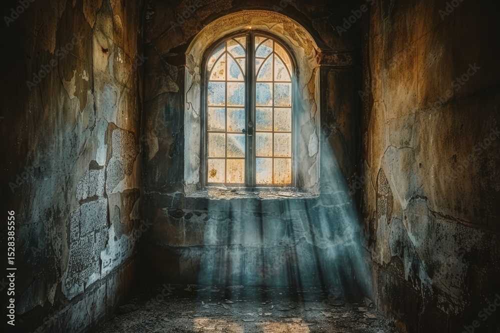 Fototapeta premium Cinematic light beams illuminate an abandoned warehouse in a stunning gigapixel shot