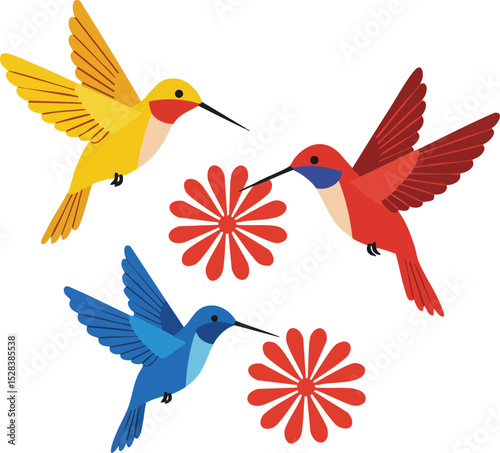 Colorful hummingbirds flying around red flowers with yellow, blue, and red feathers vector illustration 