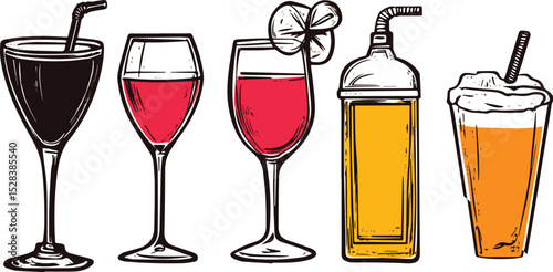 Set of alcohol drinks cocktail wine beer juice whiskey beverage bar party vector illustration isolated on white background hand drawn engraving style menu design element restaurant cafe pub vintage