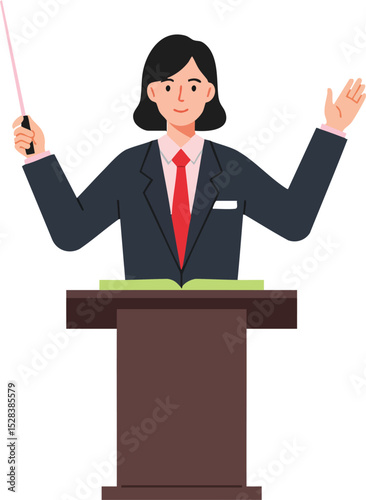 Woman Orator Giving Speech at Podium in Black Suit and Red Tie Vector Illustration for Public Speaking or Leadership Concepts 