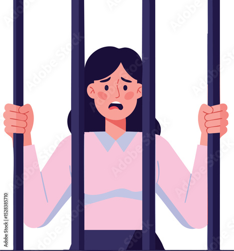 Woman behind prison bars expressing fear and sadness in vector illustration with dark hair and pink blouse 