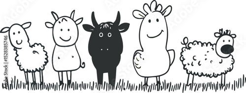 Farm Animals Group Vector Illustration Cow Sheep Goat and Ram Cartoon Style Cute Domestic Animals on Pasture Meadow Childrens Book Illustration Livestock Farming Agriculture Organic Products Concept