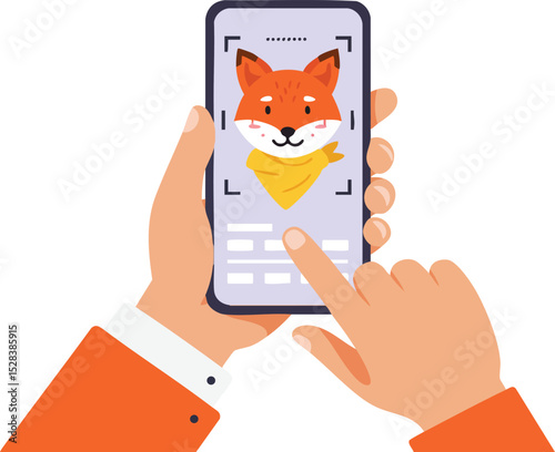Fox portrait on smartphone screen with human hand touching interface in flat style vector illustration 
