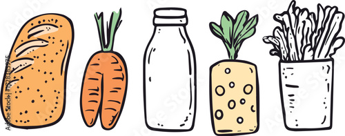 Food grocery shopping items vector set bread carrot milk cheese and cabbage healthy organic food illustration isolated on white background doodle cartoon style balanced diet concept grocery store