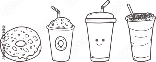 Hand drawn vector illustration of donut and drinks isolated on white background Donut iced coffee smoothie and milkshake cafe menu fast food restaurant sweets and drinks concept doodle style vector