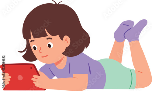 Child lying on stomach playing with tablet in casual clothes and purple socks vector illustration 