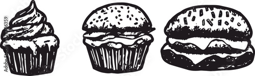 Hand-drawn vector illustration of cupcake muffin and burger isolated on white background fast food sweet bakery products menu design elements sketch engraving vintage style black and white drawing