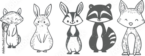 Cute Woodland Animals Vector Set Squirrel Rabbit Raccoon and Fox Adorable Forest Creatures Hand Drawn Illustration Ideal for Childrens Books Nursery Decor Greeting Cards Invitations Wall Art Apparel