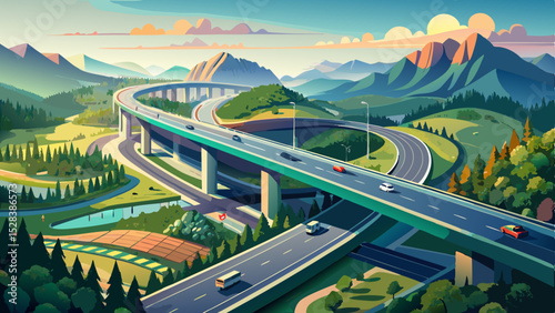 A stunning drone shot of a highway interchange surrounded by lush greenery and mountains. The morning mist creates a scenic atmosphere, highlighting the road structure and smooth traffic flow Very bea