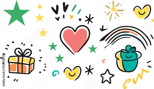 Colorful Hand Drawn Doodle Icons Set with Gift Box Hearts Stars Rainbow and Plant Vector Illustration for Kids Design Projects Greeting Cards Invitations Social Media Posts and Web Banners