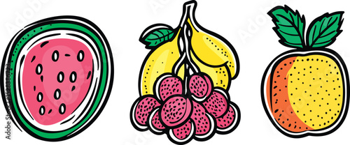 Watermelon slice bananas bunch and apple with leaf vector color line art icon fruit set isolated on white background healthy food design elements for print web and mobile app