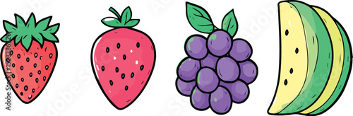 Set of colorful fruits vector illustration isolated on white background strawberries grapes and watermelon slice healthy food vitamins summer fruits cartoon style doodle for kids menu design