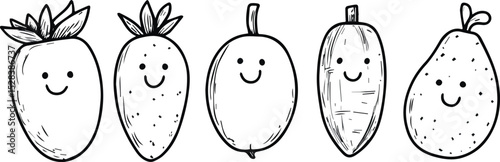 Five Happy Fruits Vector Illustration Set Featuring Strawberry Apple Mango Papaya and Pear with Smiling Faces Ideal for Healthy Eating and Vegan Lifestyle Promotions Designs Related to Kids Nutrition