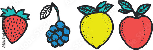 Set of fruits vector illustration doodle strawberry blackberry lemon and apple healthy food colorful drawing isolated on white background for menu design labels and stickers