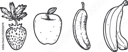 Hand-drawn vector illustration of fruits set including strawberry apple and banana isolated on white background healthy food concept ideal for menu design packaging labels and educational materials