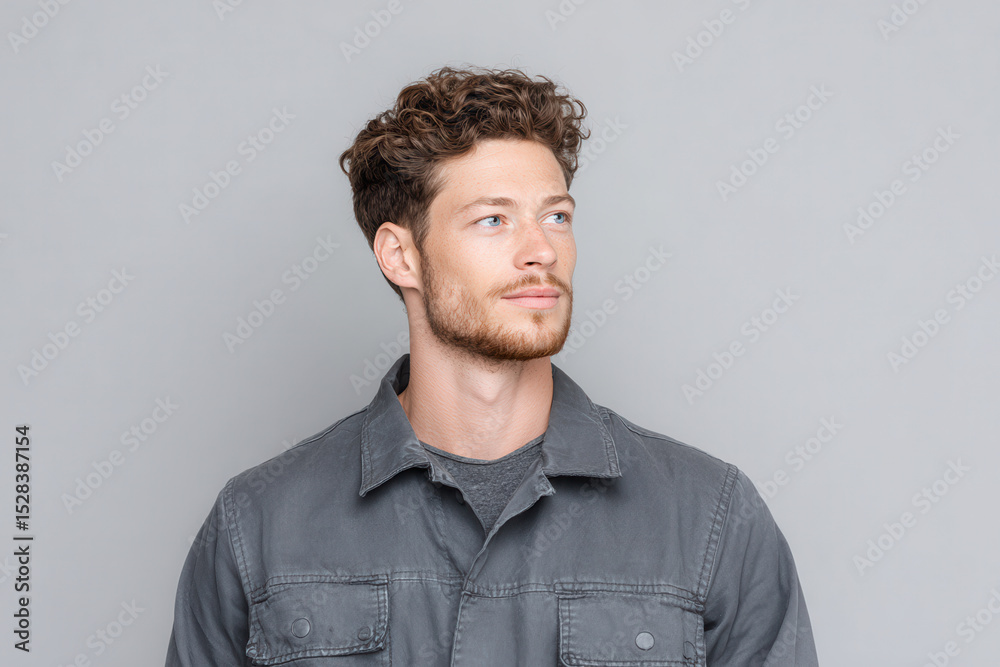 Obraz premium portrait of warehouse worker on right side of frame displaying thoughtful expression
