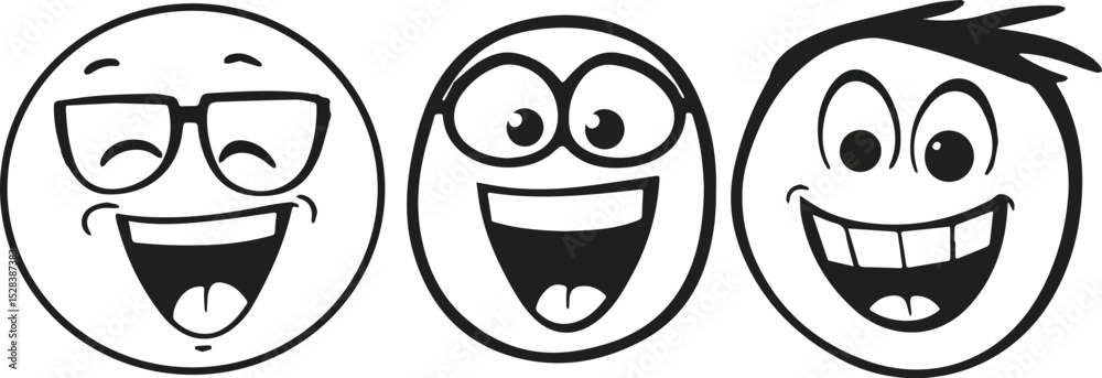 Obraz premium Three Happy Emojis with Glasses and Hair Vector Illustration Isolated on White Background Ideal for Social Media Posts Emoticons Funny Faces Expressions Happiness Joy Laughter Entertainment Design