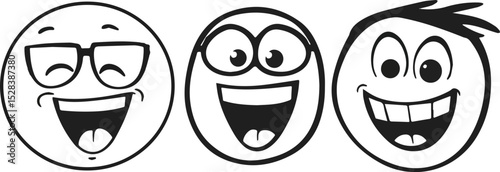 Three Funny Laughing Emojis with Glasses and Hair Vector Illustration Isolated on White Background for Social Media Reactions Chatting Messaging and Online Communication Designs Concepts
