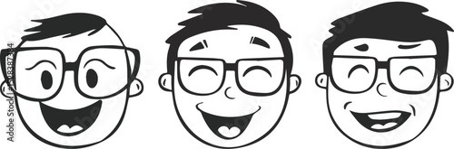 Happy laughing faces with eyeglasses vector illustration set for positive emotions expression concepts happiness joy and fun design elements isolated on white background cartoon style drawing