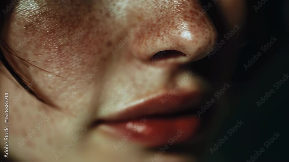 Cinematic portrait revealing nuanced emotional shifts of young woman with freckled skin, wearing bold red lipstick across sequential panel composition highlighting delicate facial variations