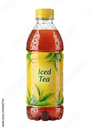 Condensation-Covered Plastic Bottle of Iced Tea with Yellow Label, Green Leaves, and Yellow Cap on Transparent Background