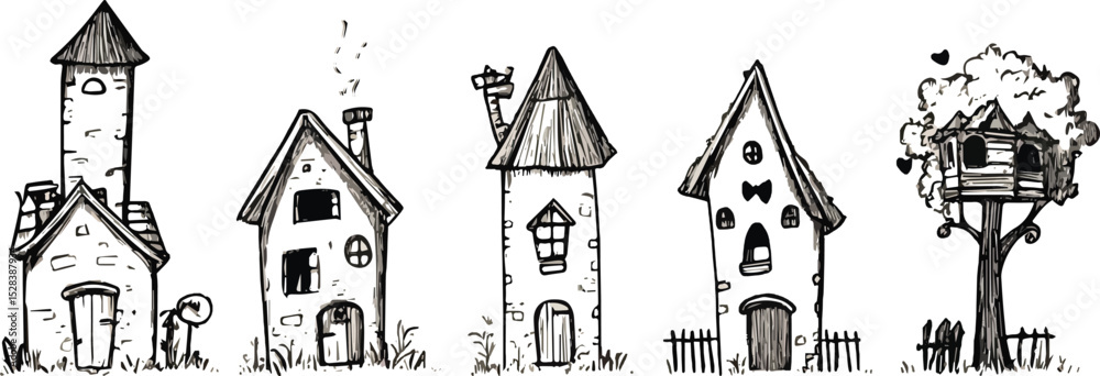Fototapeta premium Five whimsical doodle houses vector illustration including tower house chimney house pointy roof house spooky house and treehouse black and white line art drawing isolated on white background ideal