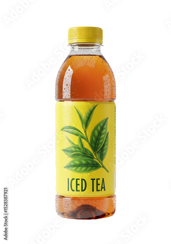 Condensation-Covered Plastic Bottle of Iced Tea with Yellow Label, Green Leaves, and Yellow Cap on Transparent Background