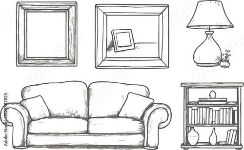 Hand-drawn living room interior sketch vector illustration cozy home furniture set with sofa bookshelf lamp frames apartment decor elements isolated on white background interior design concept doodle