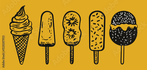 Ice Cream and Popsicle Vector Illustration Set Frozen Dessert Collection Cone Chocolate Vanilla Summer Sweet Treat Cold Food Graphic Design Element Doodle Cartoon Style Yellow Background Retro
