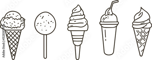 Five various tasty ice cream icons set vector illustration in doodle style isolated on white background Ice cream cone ice lolly soft serve sundae and milkshake for menu design cafe decoration food