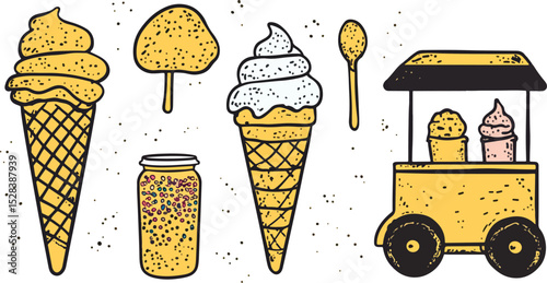 Ice Cream Cones Popsicles Spoon Jar and Cart Vector Illustration Set for Summer Treats Frozen Dessert Sweet Food Menu Design Packaging Label and Decoration