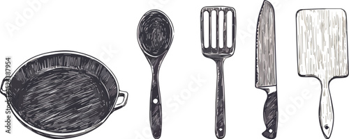 Hand-drawn kitchen utensils set vector illustration Frying pan spatula knife spoon and cutting board Cooking tools Restaurant cafe menu or banner design element Isolated on white background Engraved