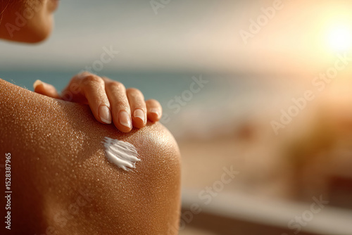 Hand applying sunscreen on tanned shoulder at beach