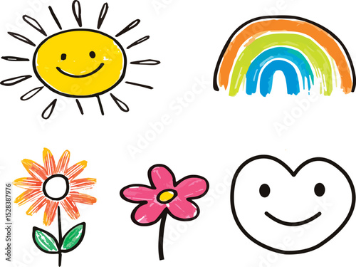 Hand-drawn vector set of cute sun rainbow flowers and heart perfect for kids projects cards invitations posters and other creative design needs cheerful and colorful doodles add a playful touch