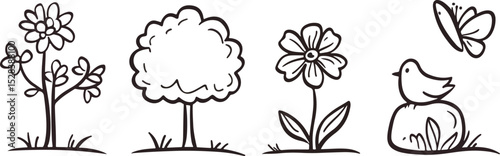 Hand-drawn nature elements vector set doodle flower tree bird butterfly grass field meadow line art illustration for kids coloring book page spring summer nature design ecology environment concept
