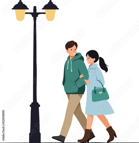 Young couple walking together near street lamp in autumn weather vector illustration 