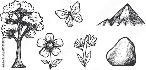 Hand-drawn nature elements vector pack tree flower butterfly mountain rock sketch vintage style illustration graphic design resources isolated on white background environment ecology botany flora